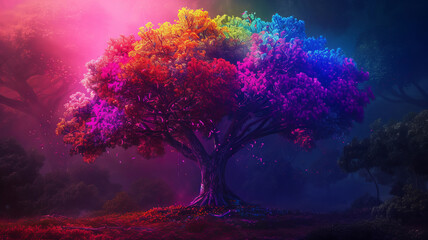 Rainbow hues dazzle on a tree, turning night to fantasy. AI Generative.