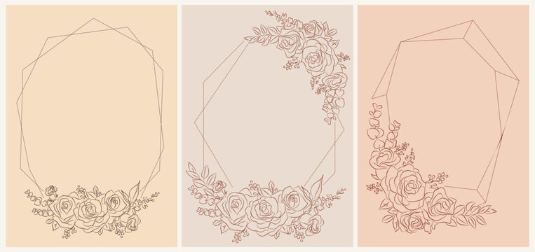 There are three rectangular frames with intricate twig patterns and beautiful rose flowers drawing on them. Vector hand drawn outline sketch illustration isolated on neutral background. Card template.