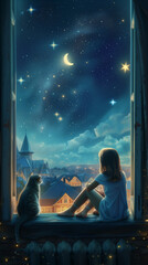 A girl is sitting on the windowsill with her legs dangling down onto the street. She looks at the stars and the moon. You can also see the city at night and the roofs. And cat next to her