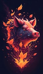 AI generated illustration of a poster featuring a cartoon pig set against a background of flames