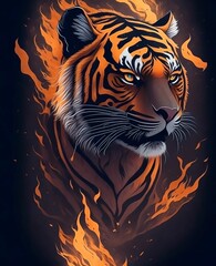 AI generated illustration of A majestic orange Bengal tiger with its head engulfed in flames