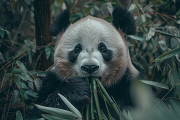 Panda Bear Eating Bamboo in Forest