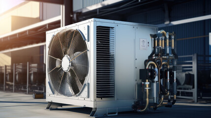 Industrial air conditioning unit with large fan and pipes on a building rooftop.