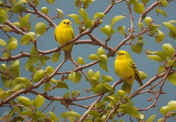 Two yellow birds on tree branches