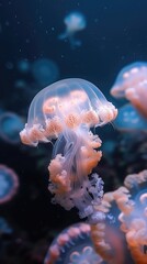 Naklejka premium Serene beauty: captivating jellyfish in the underwater world, a mesmerizing display of aesthetics, tranquility, and marine elegance, perfect for serene aquatic imagery
