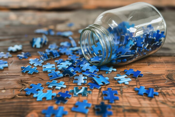 A clear glass jar tipped over, spilling blue puzzle pieces onto a textured wooden surface - Powered by Adobe