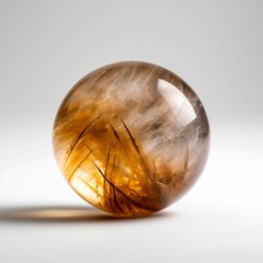 Clear glass marble sphere resting upon a stark white surface, AI-generated.