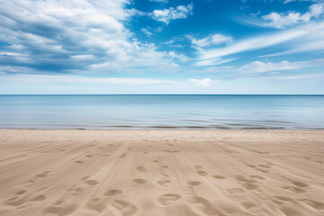 Fototapeta na wymiar A serene beach scene with clear skies, calm waters, and pristine sands