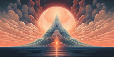AI generated illustration of a futuristic landscape with a majestic mountain at sunset - obrazy, fototapety, plakaty