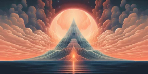 Foto op Canvas AI generated illustration of a futuristic landscape with a majestic mountain at sunset © Wirestock