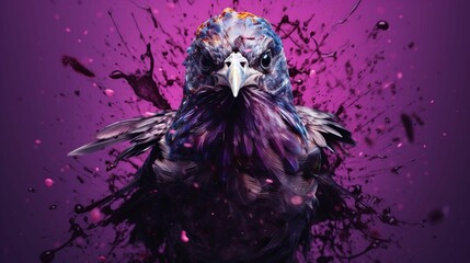 AI generated illustration of a bird in purple paint splashes