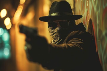 A Man in a Hat and Sunglasses Holding a Gun
