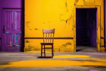 AI generated illustration of a wooden chair in front of an old yellow building with space for text
