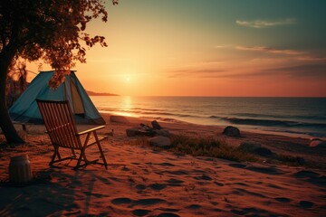 AI generated illustration of a sandy beach shoreline with a chair at sunset