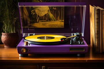 AI generated illustration of a vinyl player with a deep purple finish on a wooden table