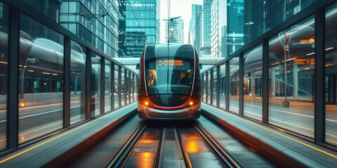 Modern tram moves through a futuristic urban landscape with sleek architecture.