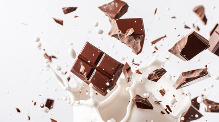 Pieces of delicious broken chocolate float in splashes of milk. Dinamyc white background. Food concept. Generative AI