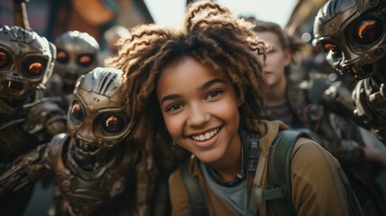 Obraz premium AI generated illustration of a young woman with dreadlocks surrounded by robots