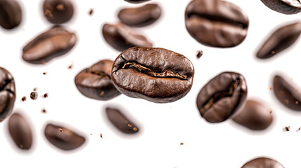 Dynamic close-up of coffee beans in free fall, capturing the essence of flavor and motion, perfectly suited for AI generative projects. - obrazy, fototapety, plakaty