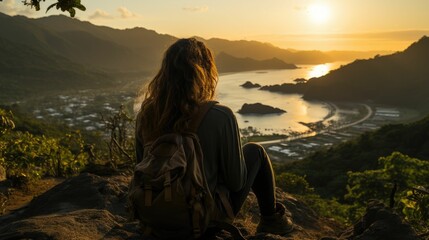 a girl sits on top of a mountain overlooking the water