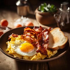 AI generated illustration of a freshly prepared breakfast plate with bacon and eggs - obrazy, fototapety, plakaty