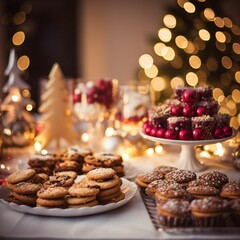AI generated illustration of delicious desserts on a table with holiday lights in the background