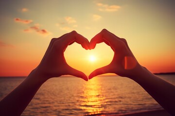 AI generated illustration of hands forming a heart shape with a beautiful sunset in the background