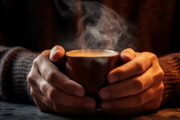 AI generated illustration of the hands of a person holding a steaming cup of warm coffee