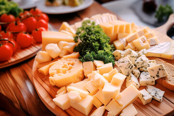 Multiple Sorts of Cheese on a Wooden Plate.
