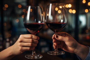 AI generated illustration of a young couple clinking red wine glasses, as they toast at a restaurant