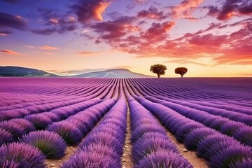 AI generated illustration of an idyllic sunset landscape featuring a field of blooming lavender