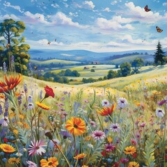 Idyllic Summer Countryside Landscape with Wildflowers and Butterflies