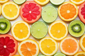 AI generated illustration of an array of fruit slices meticulously arranged in a harmonious pattern