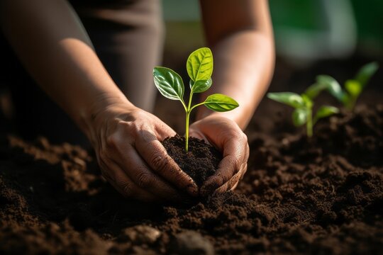 AI generated illustration of a woman planting a seedling in a lush garden, promoting sustainability
