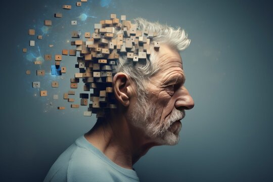 AI generated illustration of senior man with fragmented head, the ravages of dementia