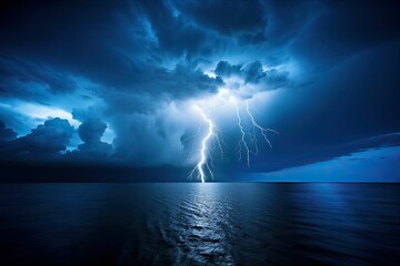 AI-generated illustration of lightning and thunder  over blue water in the sky