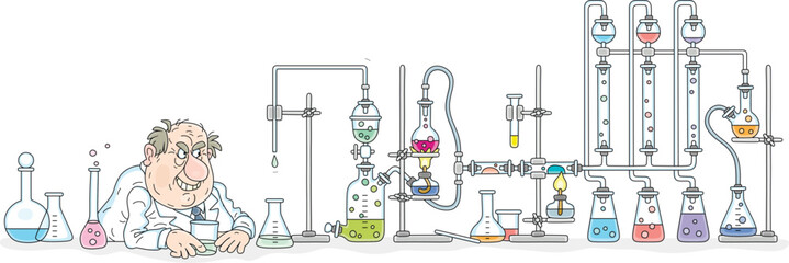 Funny angry chemist with glass flasks, reagents and equipment during an amusing chemical experiment in a scientific laboratory, vector cartoon illustration on a white background