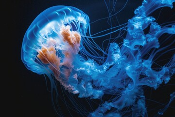 Serene beauty: captivating jellyfish in the underwater world, a mesmerizing display of aesthetics, tranquility, and marine elegance, perfect for serene aquatic imagery