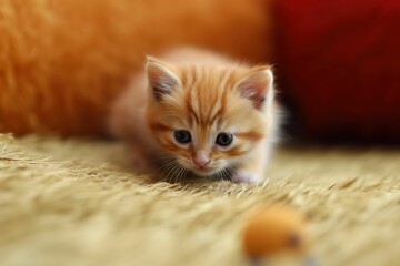 AI-generated illustration of A curious ginger kitten sitting on a white carpet playing with a toy