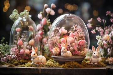 Easter ceramics bunnys and pink flowers