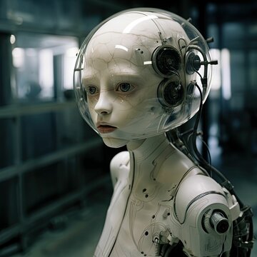 AI generated illustration of a humanoid alien robot in a futuristic environment