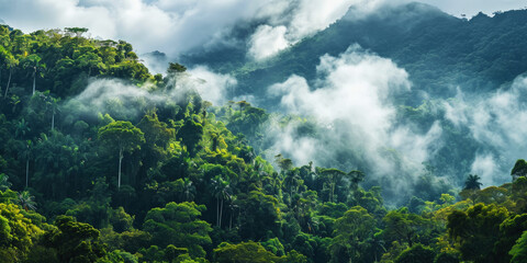 Obraz premium Tropical green mountains with mist. Cloudy foggy sky backdrop. Generative AI