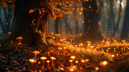 Enchanted forest scene with glowing mushrooms and mystical ambiance, AI Generative.