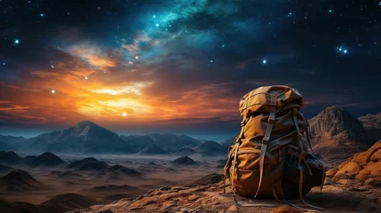 Papier Peint photo Lavable Cappuccino AI-generated illustration of a backpack placed in a rugged mountainous landscape at night