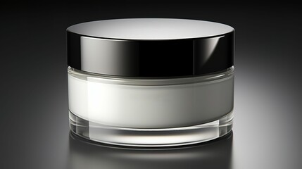 AI generated illustration of a white glass jar of cream with silvery accents atop a glossy surface