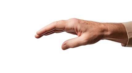 Reaching male hand isolated on a white background, AI-generated.