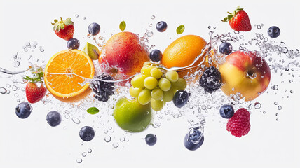 An array of fresh fruits suspended in a dynamic splash of water, highlighting the essence of freshness and vitality AI Generative.