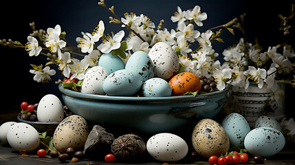 Painted eggs and white flowers on black background