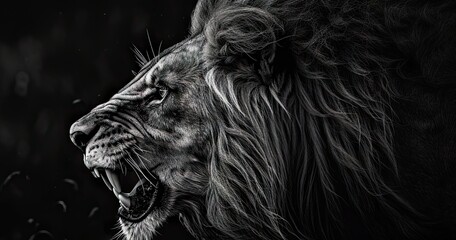 Aggressive lion head detail in black and white color.