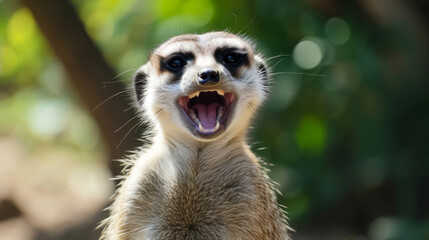 Fototapeta premium funny meerkat. Comical animal making a funny face that's impossible not to chuckle at. Funny smiling animal. Perfect for lighthearted and amusing design projects.